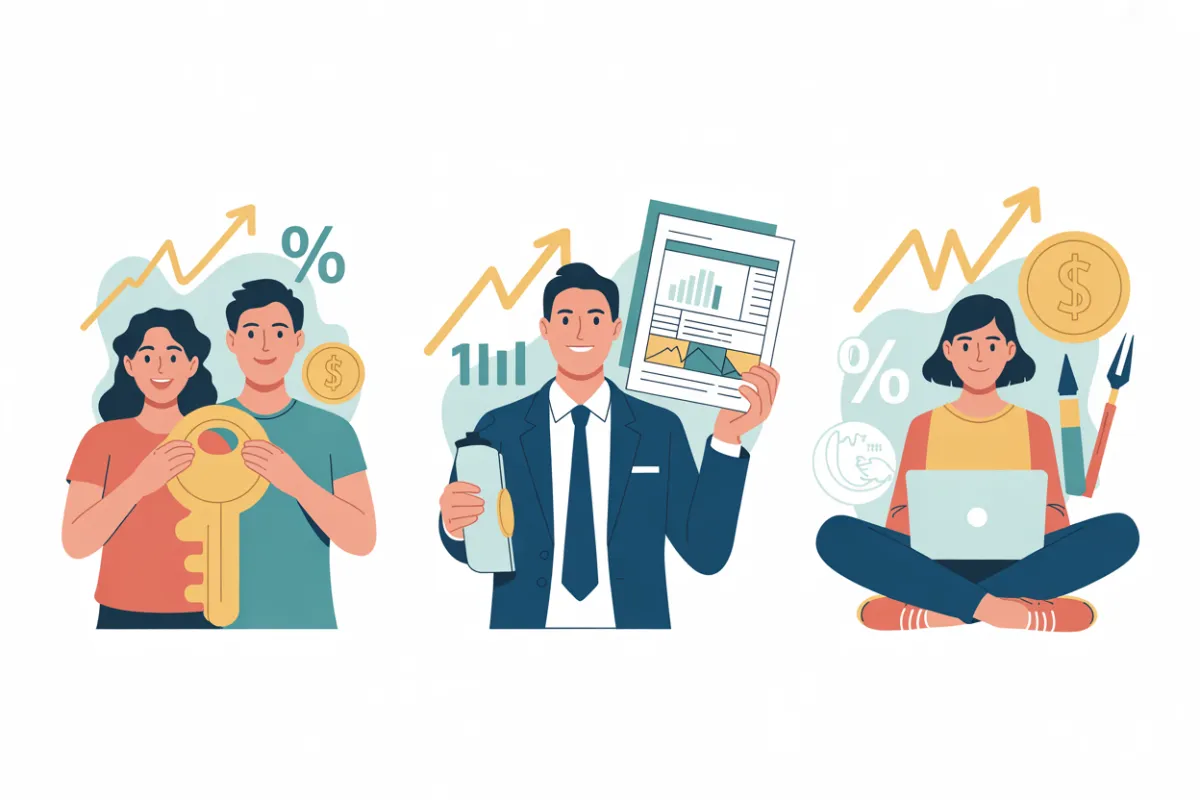 Illustration of homeowners, a financial professional, and a freelancer symbolizing those who benefit from itemized tax deductions in 2025.
