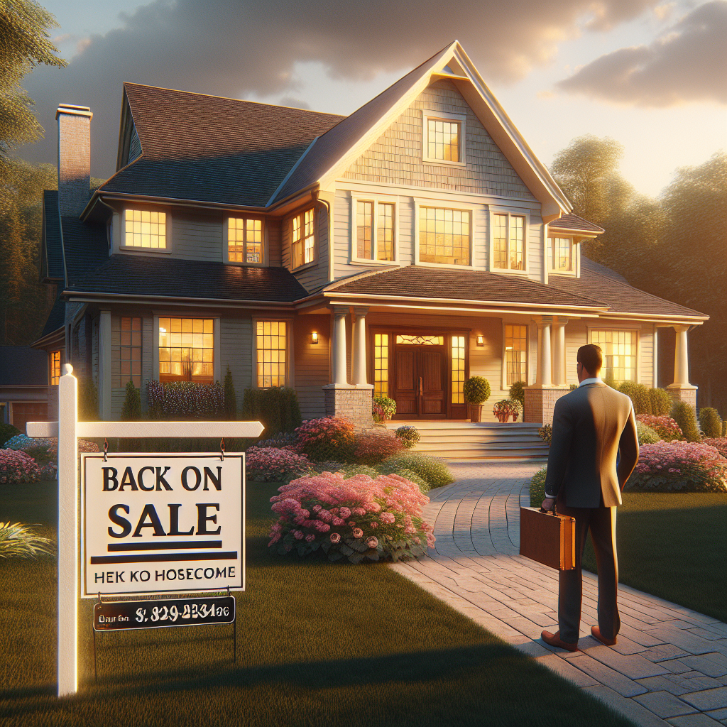 Elegant two-story Connecticut home with warm evening lighting, freshly landscaped yard, and a 'Back On Market' real estate sign out front. A professional in a suit stands on the pathway, suggesting a showing or return to market.