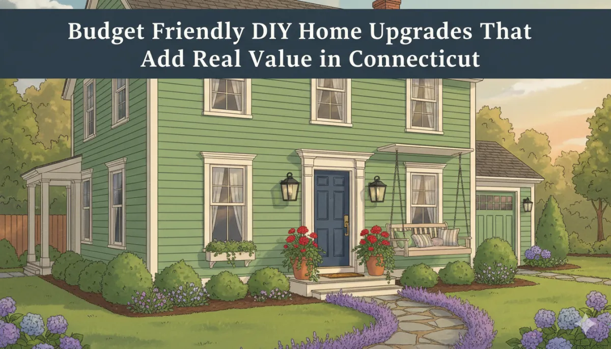 A Connecticut home exterior showing small budget friendly DIY upgrades with the blog title written on the image.