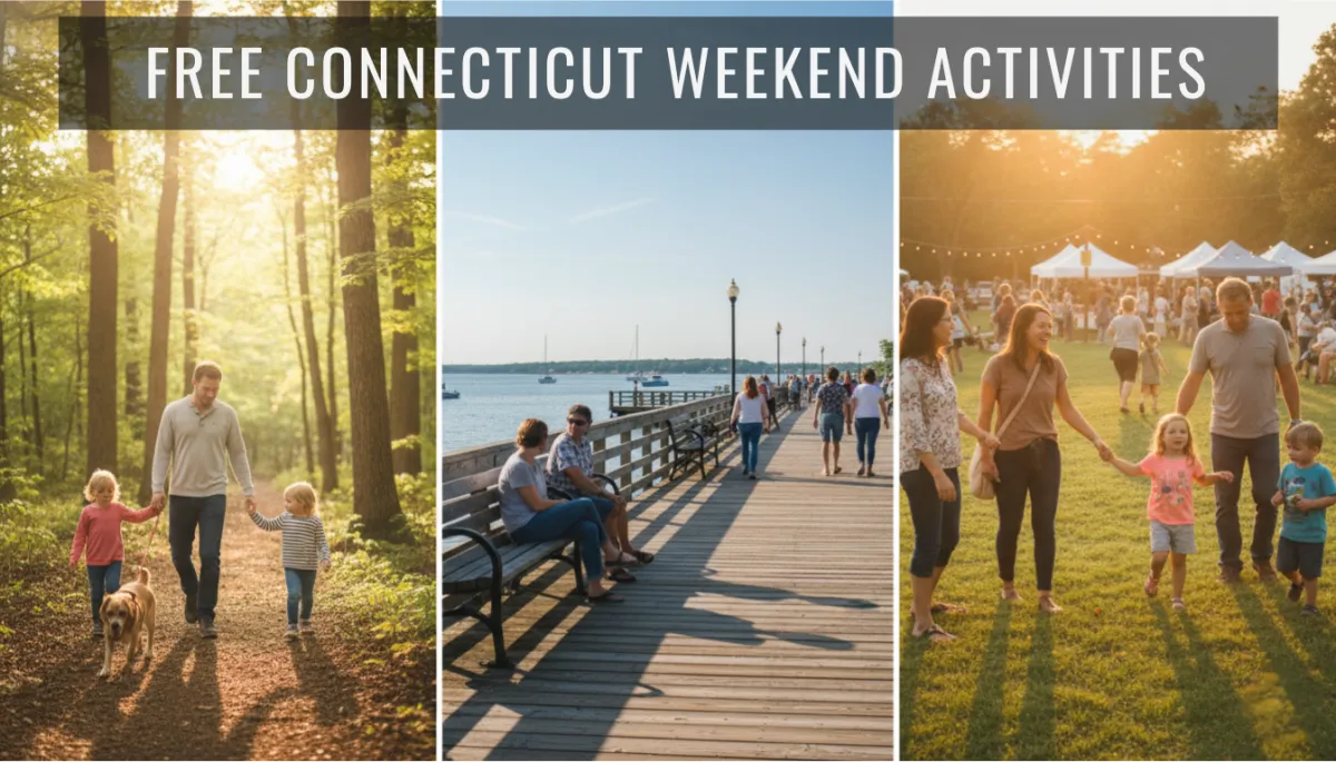Image showing a collage of free Connecticut weekend activities, including hiking, waterfront views, and local events, with the title “Free Connecticut Weekend Activities” written across the top.
