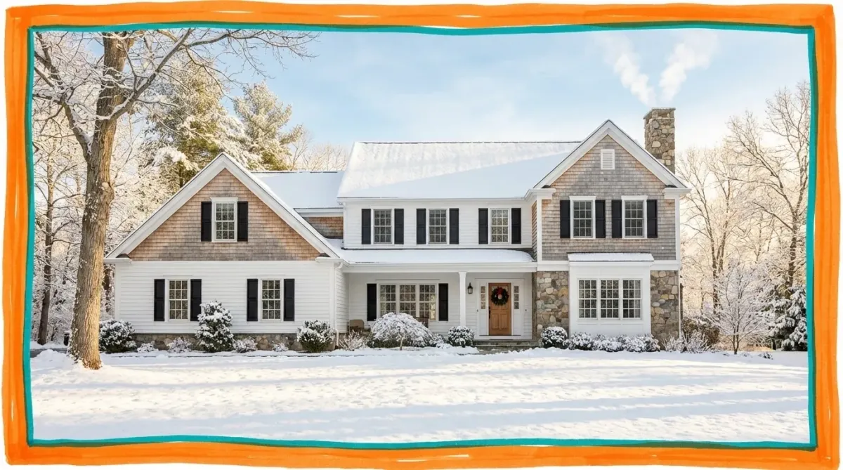 Classic New England luxury home in Connecticut with wintery curb appeal.