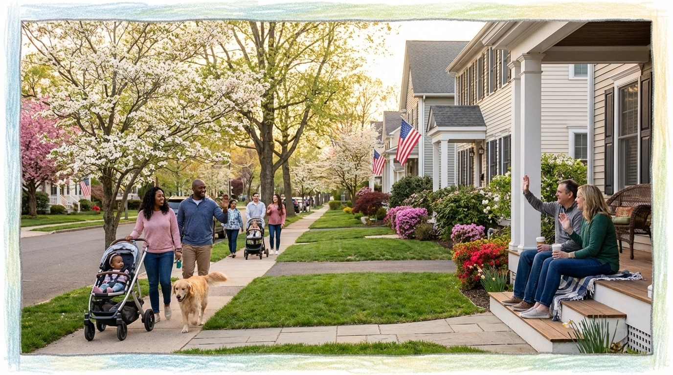 “Families walking and chatting along a tree-lined suburban street in Connecticut with front-porch homes, spring flowers, and neighbors waving, representing community life and what homebuyers should expect when living in Connecticut in 2026.”