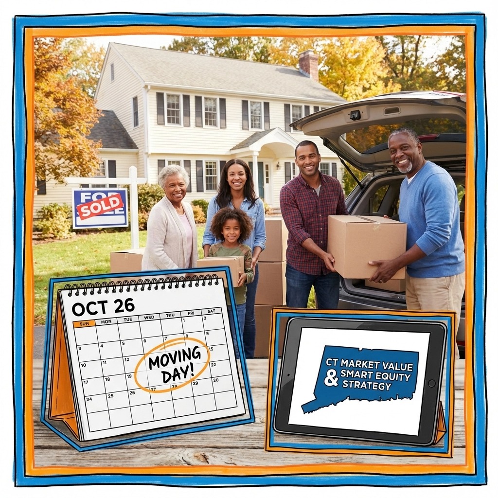 Happy multigenerational family moving into a new home in Connecticut on moving day, standing in front of a sold house while unloading boxes, illustrating successful home buying and smart equity planning.