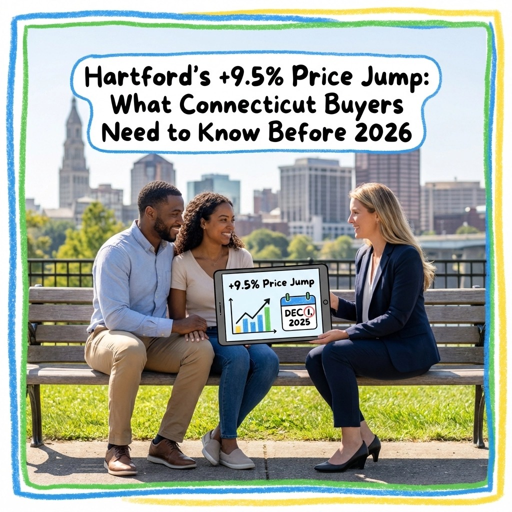 “Real estate agent discussing Hartford’s 9.5 percent home price jump with Connecticut buyers before 2026.”