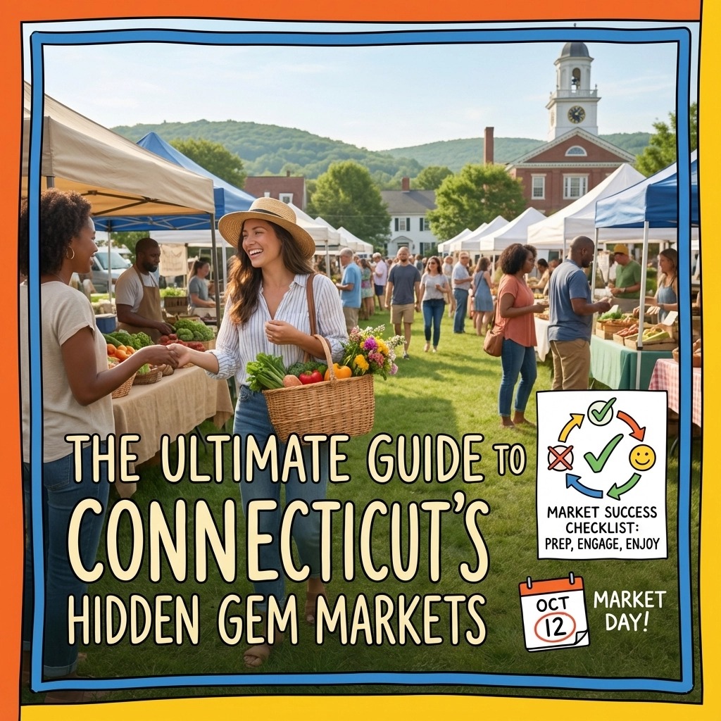 “Outdoor farmers market in Connecticut featuring local vendors, fresh produce, and residents enjoying a small-town community event near historic buildings.”