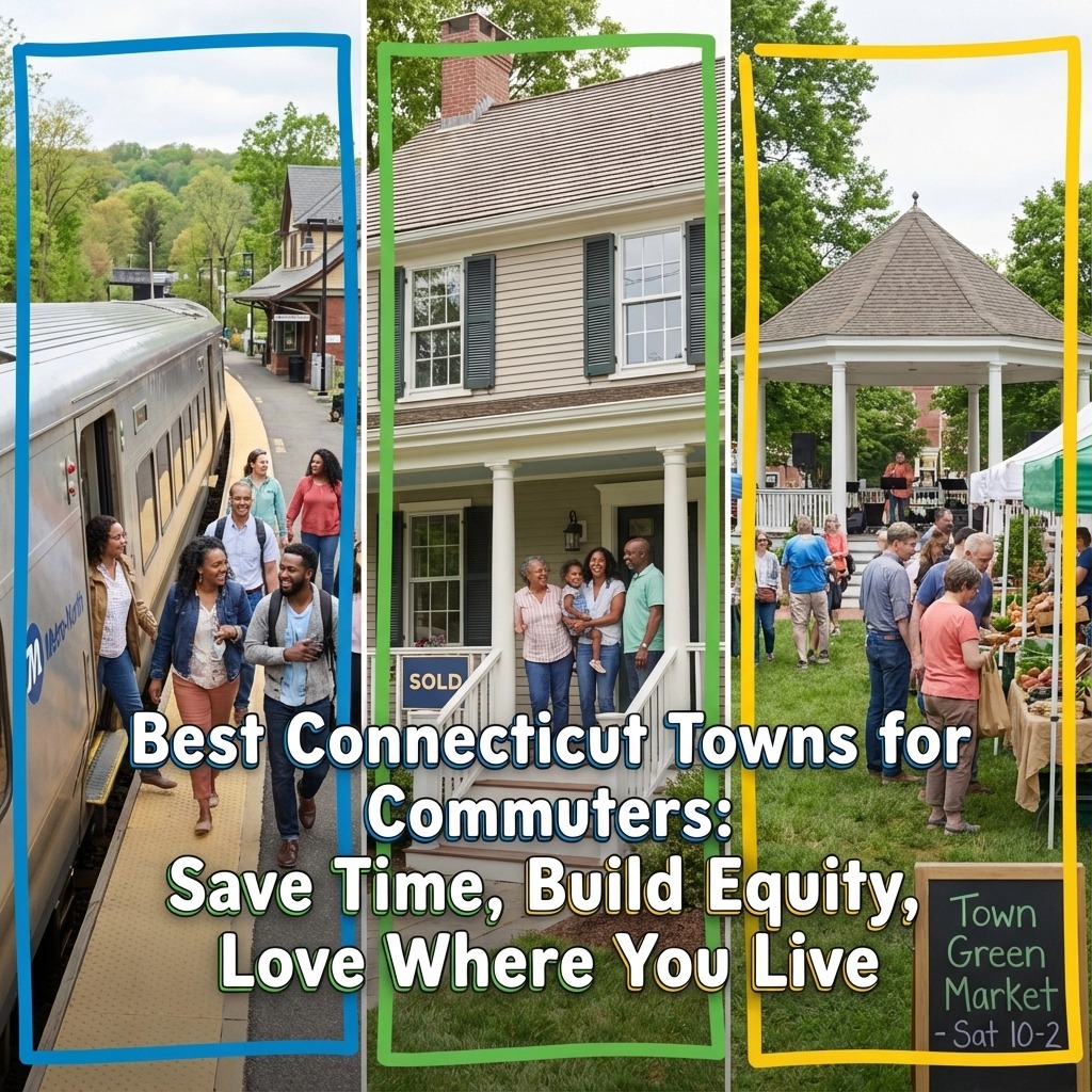 Best Connecticut towns for commuters shown through a Metro-North train station, a recently sold home, and a walkable town green with a farmers market, highlighting how Connecticut buyers can save commute time, build home equity, and enjoy a high quality of life.