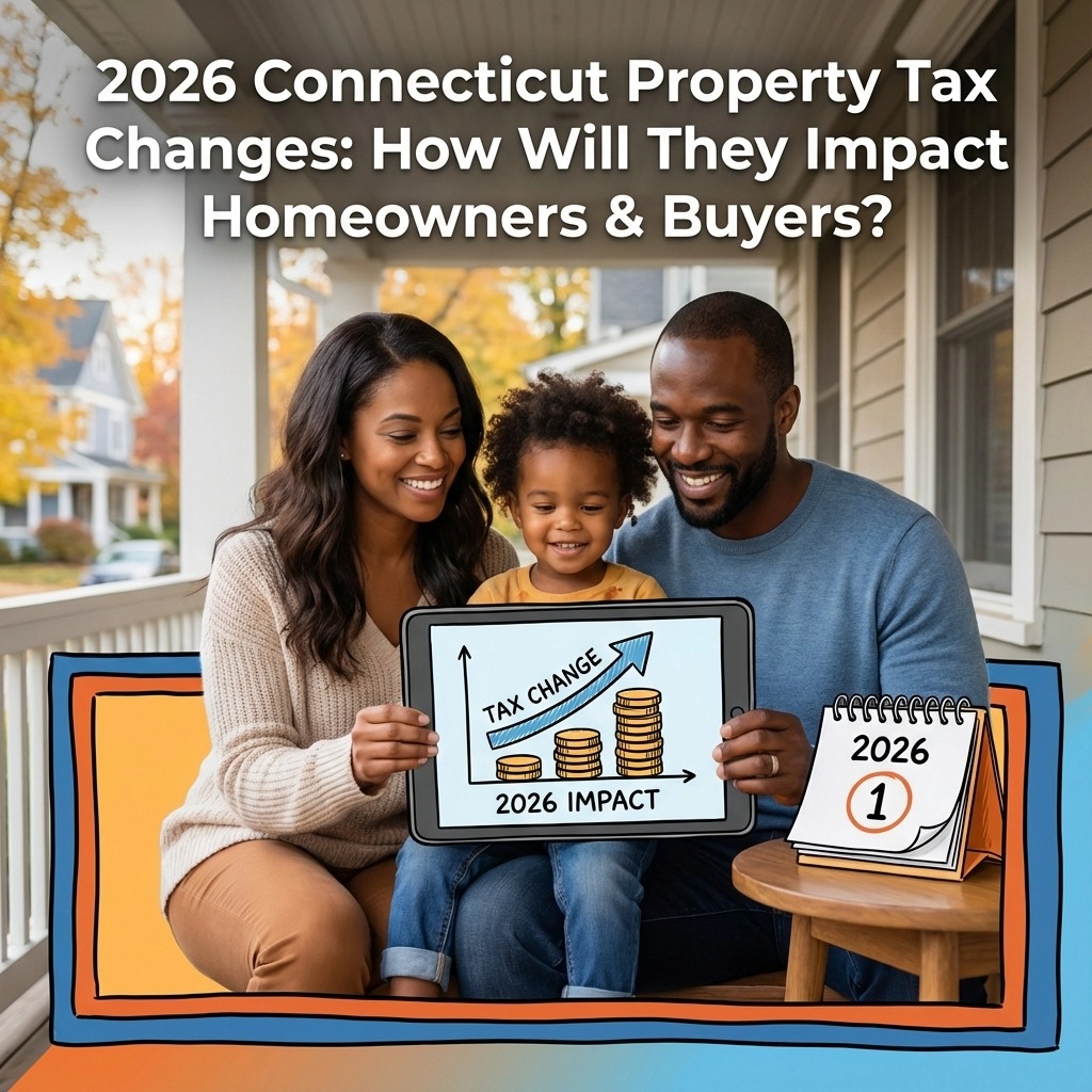 2026 Connecticut property tax changes illustrated by a family reviewing a tax increase chart and calendar, showing how new Connecticut property tax rules may impact homeowners, buyers, and housing costs statewide.