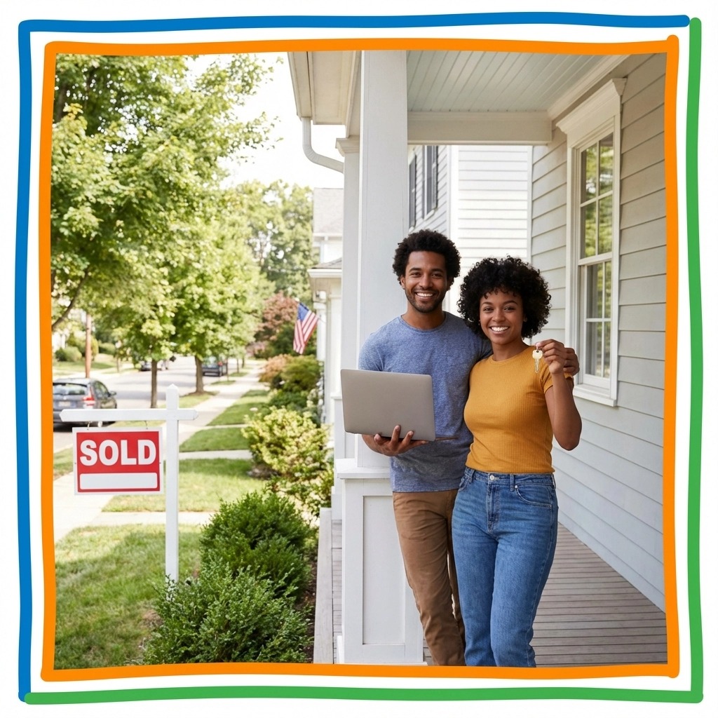 Connecticut homebuyers celebrating a successful home purchase in a Connecticut neighborhood, holding house keys in front of a sold home, showing how buyers navigate the Connecticut housing market to purchase a home and build long-term equity.
