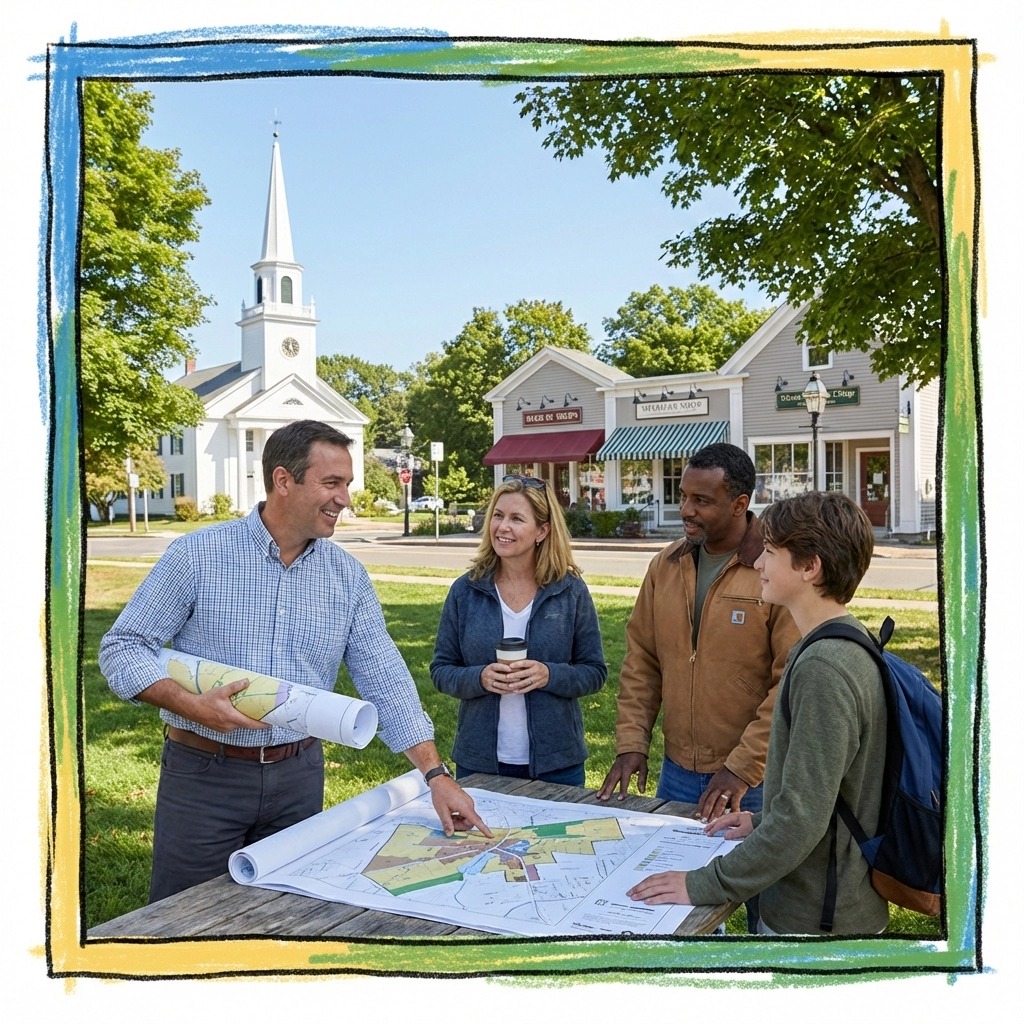 Connecticut homebuyers and a real estate agent reviewing a neighborhood map in a classic Connecticut town center, showing how families compare communities, amenities, and locations to choose the best place to live in Connecticut.