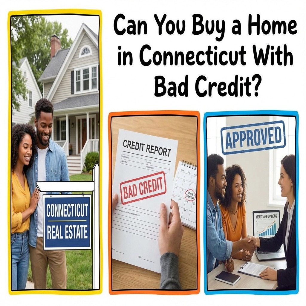 Can you buy a home in Connecticut with bad credit illustrated by Connecticut homebuyers reviewing a credit report, meeting with a lender, and receiving mortgage approval, showing how buyers with low credit can still qualify for Connecticut real estate programs.