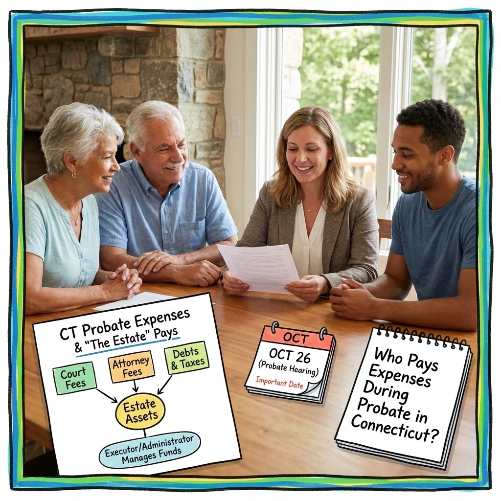 Connecticut probate heirs meeting with an attorney to understand who pays probate expenses in Connecticut, including court fees, attorney costs, debts, and taxes paid from estate assets