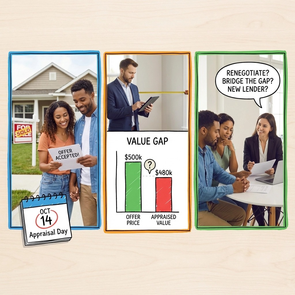 Connecticut homebuyers facing a low appraisal and value gap during a home purchase, reviewing options to renegotiate, cover the appraisal gap, or change lenders in the Connecticut real estate market