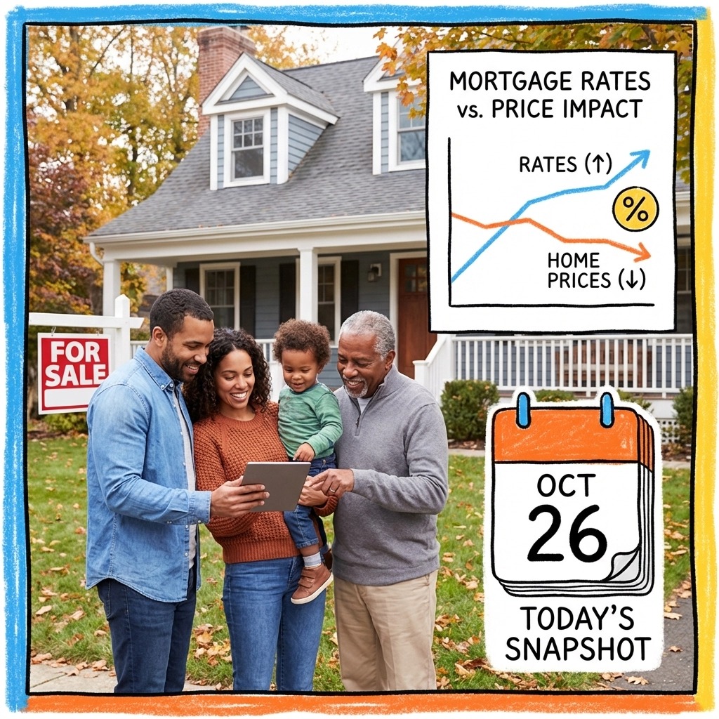 “Connecticut real estate market snapshot showing a family reviewing mortgage rate trends outside a for-sale home in Connecticut, illustrating how rising mortgage rates impact home prices for buyers and sellers.”
