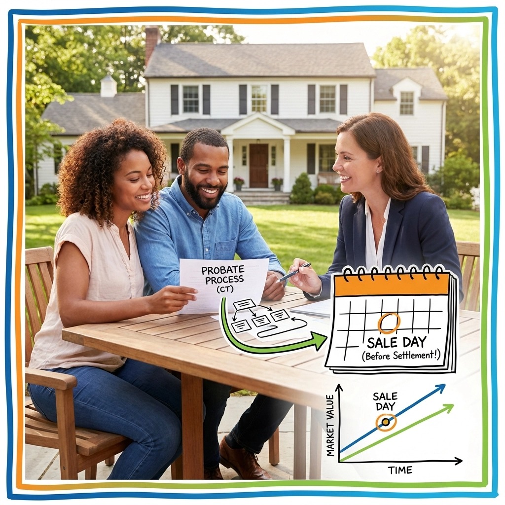 “Connecticut probate home sale consultation showing buyers meeting with a real estate agent, reviewing the CT probate process and sale timeline before settlement at a suburban Connecticut home.”