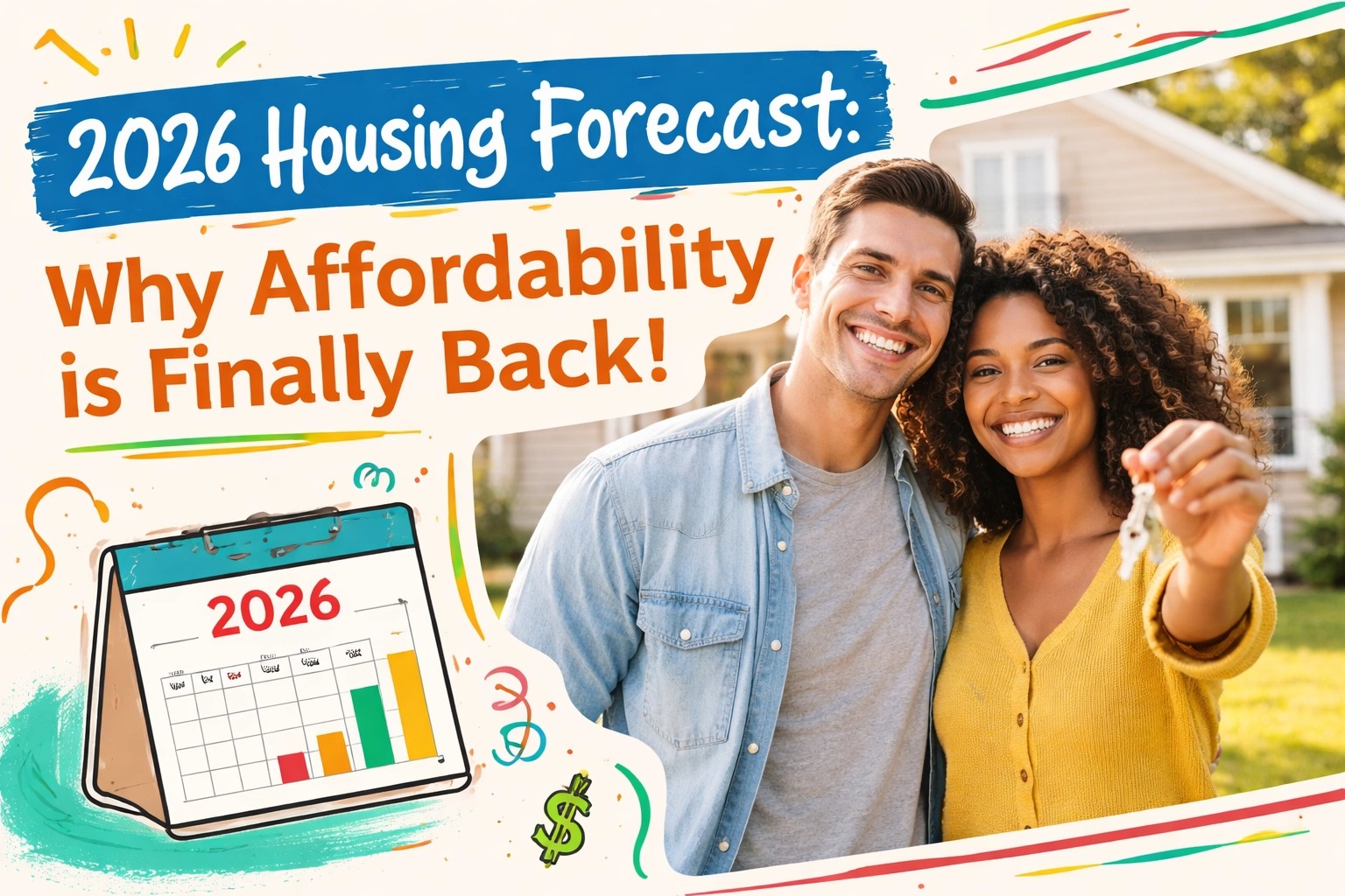 “2026 Connecticut housing market forecast showing happy homebuyers holding keys, highlighting improved home affordability and future trends in the Connecticut real estate market.”