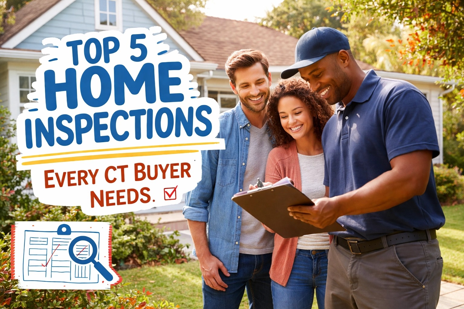 Top 5 home inspections every Connecticut home buyer needs, showing a professional home inspector reviewing a checklist with a couple outside a Connecticut house during the buying process.