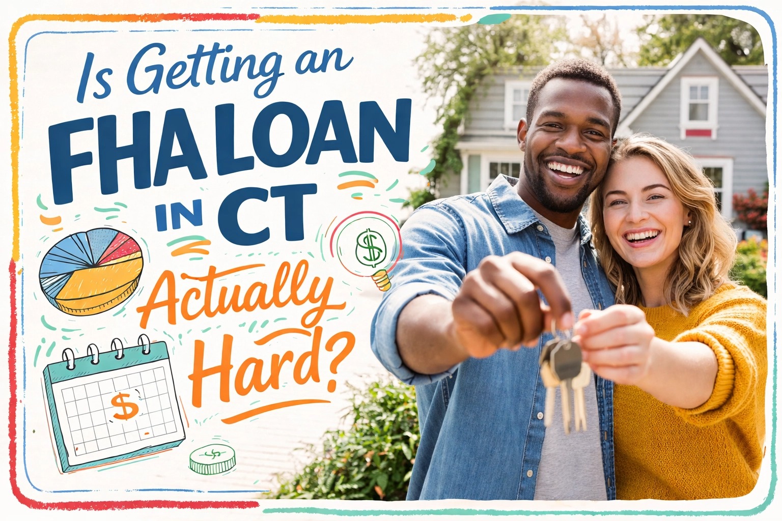 Happy first-time homebuyers holding keys in front of a Connecticut house, illustrating FHA loan requirements in CT and how easy it is to qualify for an FHA mortgage in the Connecticut real estate market