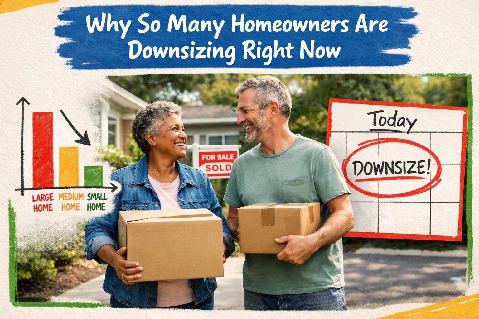 Connecticut homeowners downsizing as housing trends shift, couple holding moving boxes outside a sold home, illustrating CT real estate market changes and lifestyle-driven downsizing decisions.