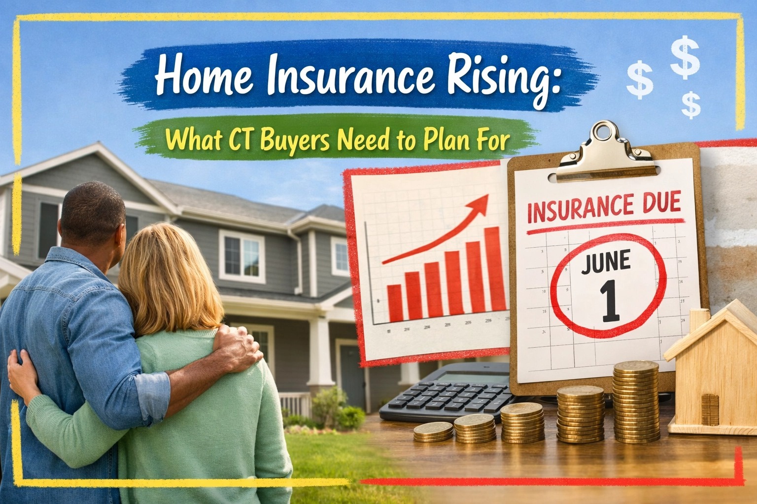 Connecticut home insurance costs rising, showing a couple viewing a suburban CT home alongside a chart of increasing insurance rates, an insurance due date calendar, and savings comparison, illustrating what Connecticut home buyers need to plan for.