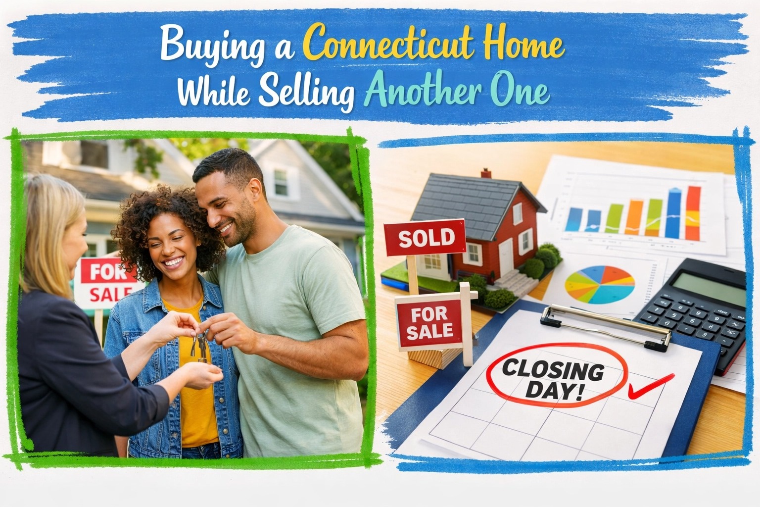 Connecticut home buyers receiving keys on closing day while selling another property, illustrating the process of buying a home in Connecticut while selling, with CT real estate market timing, closing costs, and transaction planning.
