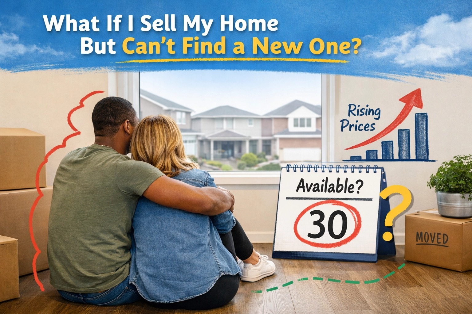 Connecticut homeowners sitting among moving boxes, looking out a window at suburban homes while questioning next steps after selling, illustrating CT housing inventory challenges, rising home prices, and relocation timing concerns.