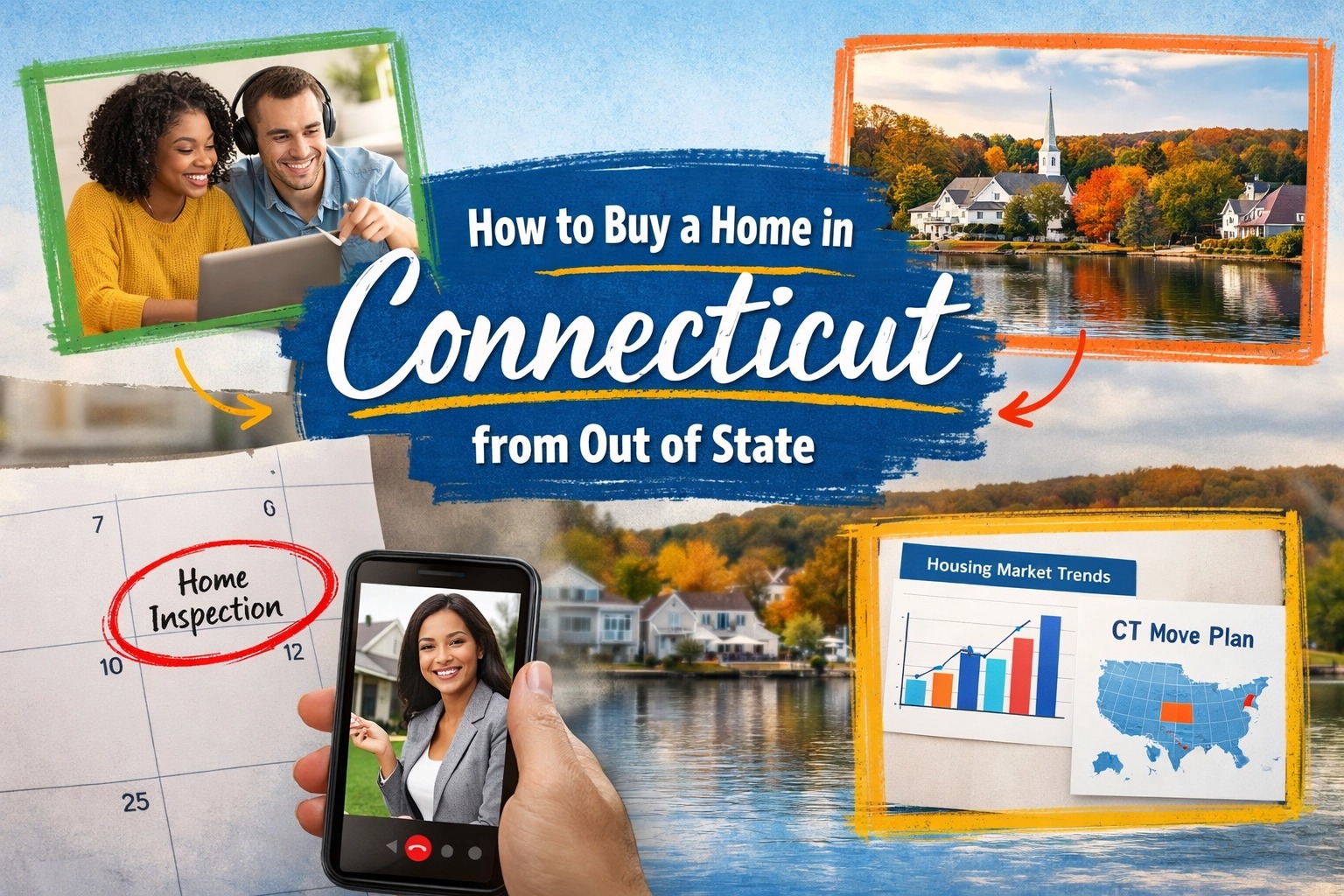 Guide showing how to buy a home in Connecticut from out of state, featuring remote buyers meeting online, a Connecticut lakeside town, home inspection scheduling, and housing market trends for relocating buyers.