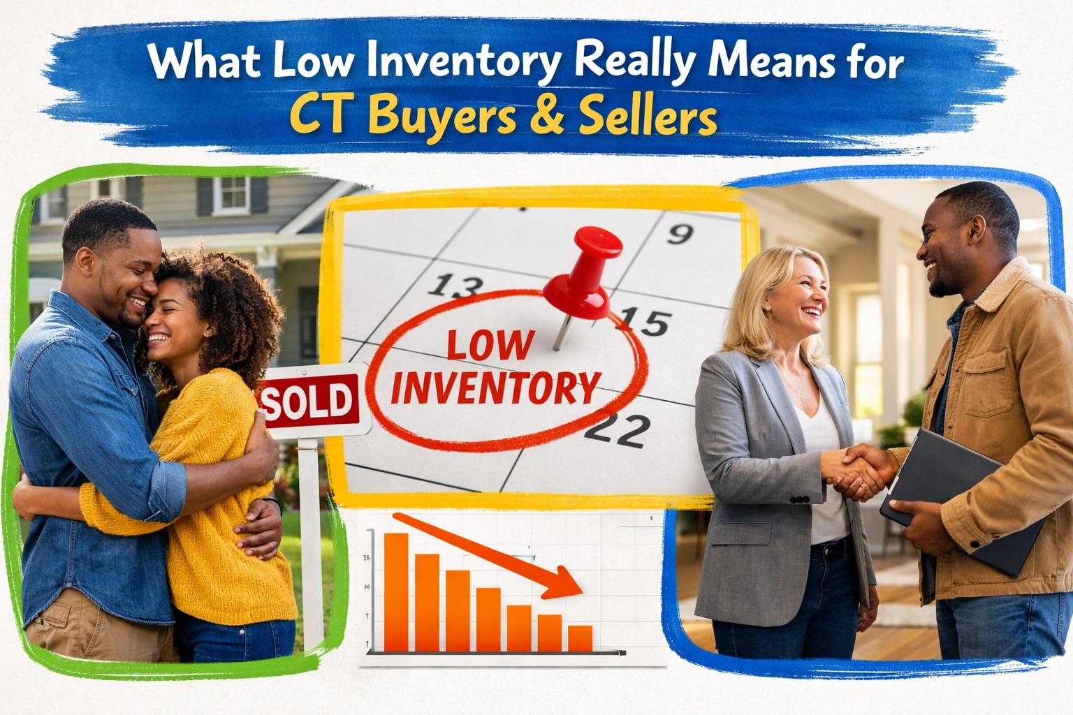 Connecticut real estate market showing low housing inventory as a couple celebrates a home sale and a buyer meets with an agent, illustrating what low inventory means for CT buyers and sellers in today’s housing market.