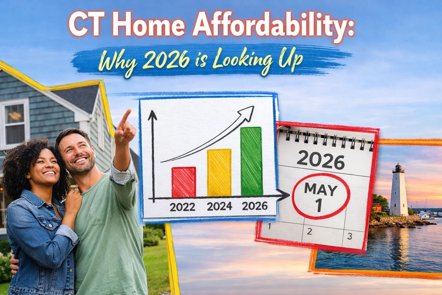 Connecticut home affordability outlook for 2026 showing a couple reviewing rising affordability trends, housing market growth chart, May 1, 2026 calendar, and Connecticut lighthouse—illustrating why buying a home in CT may become more affordable.