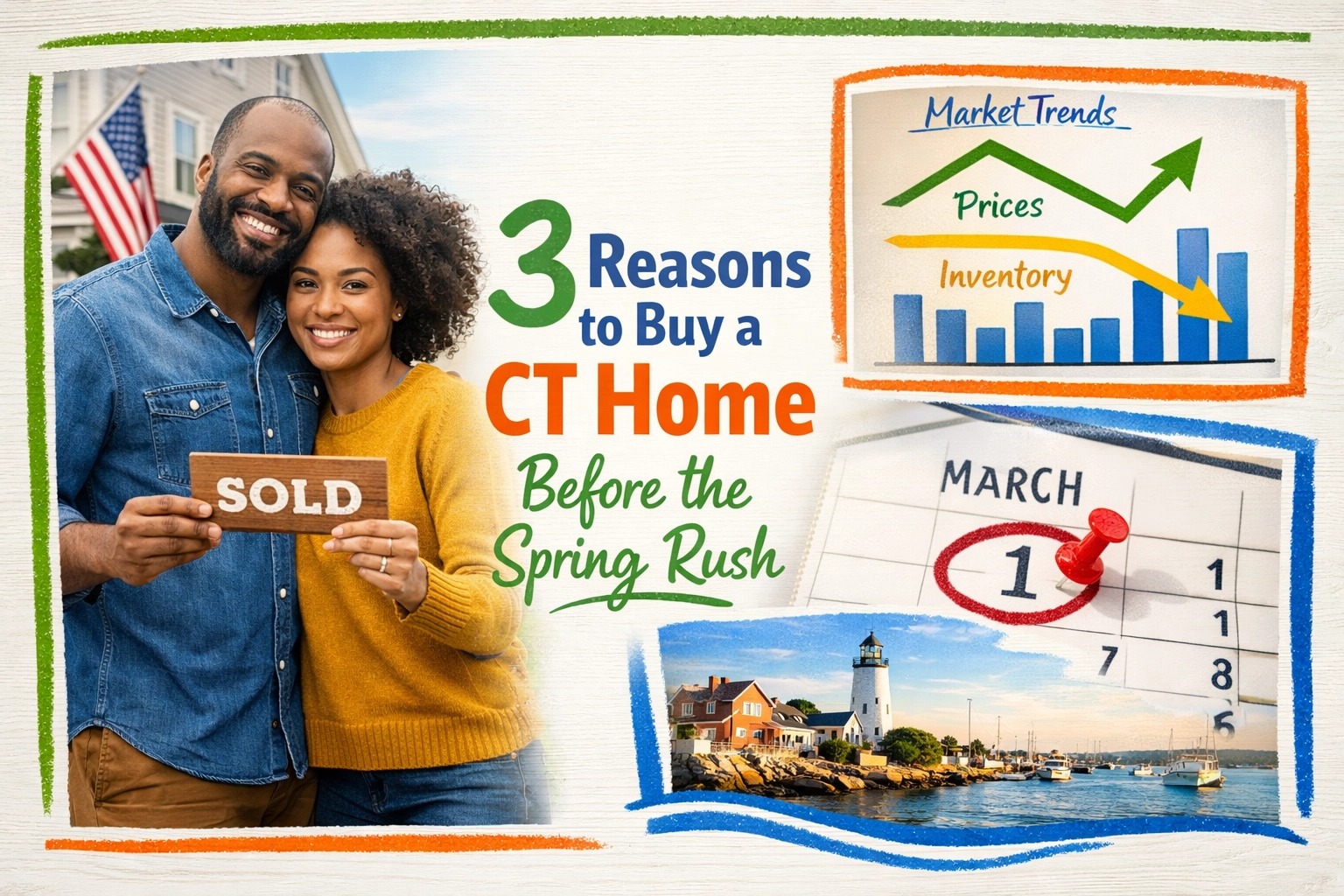Happy couple holding a sold sign after buying a Connecticut home, highlighting three reasons to buy a CT house before the spring real estate market rush, including rising prices, low inventory, and seasonal demand.