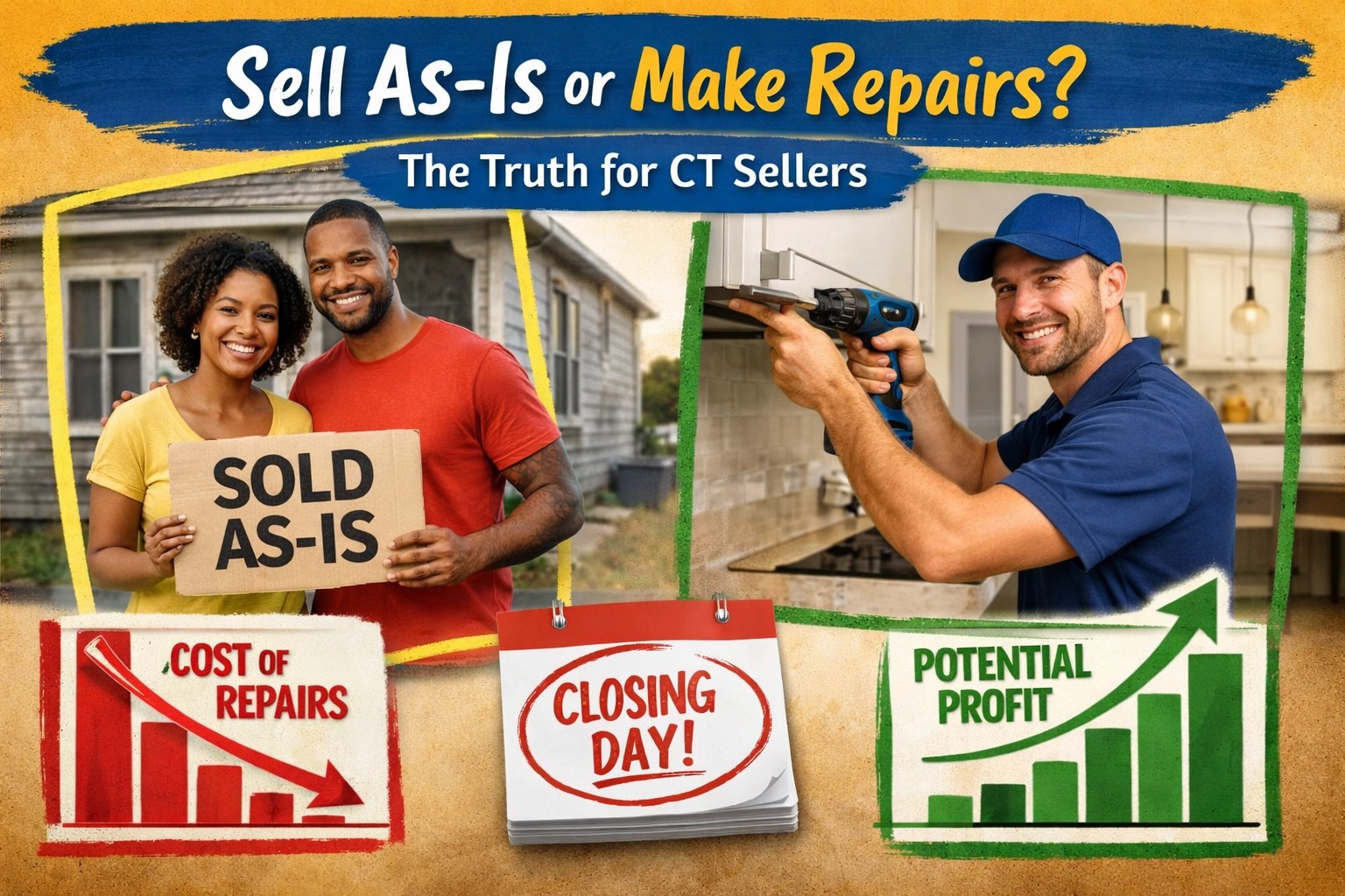 Connecticut home sellers comparing selling a house as-is versus making repairs, showing cost of repairs, closing day timeline, and potential profit for CT real estate sellers.