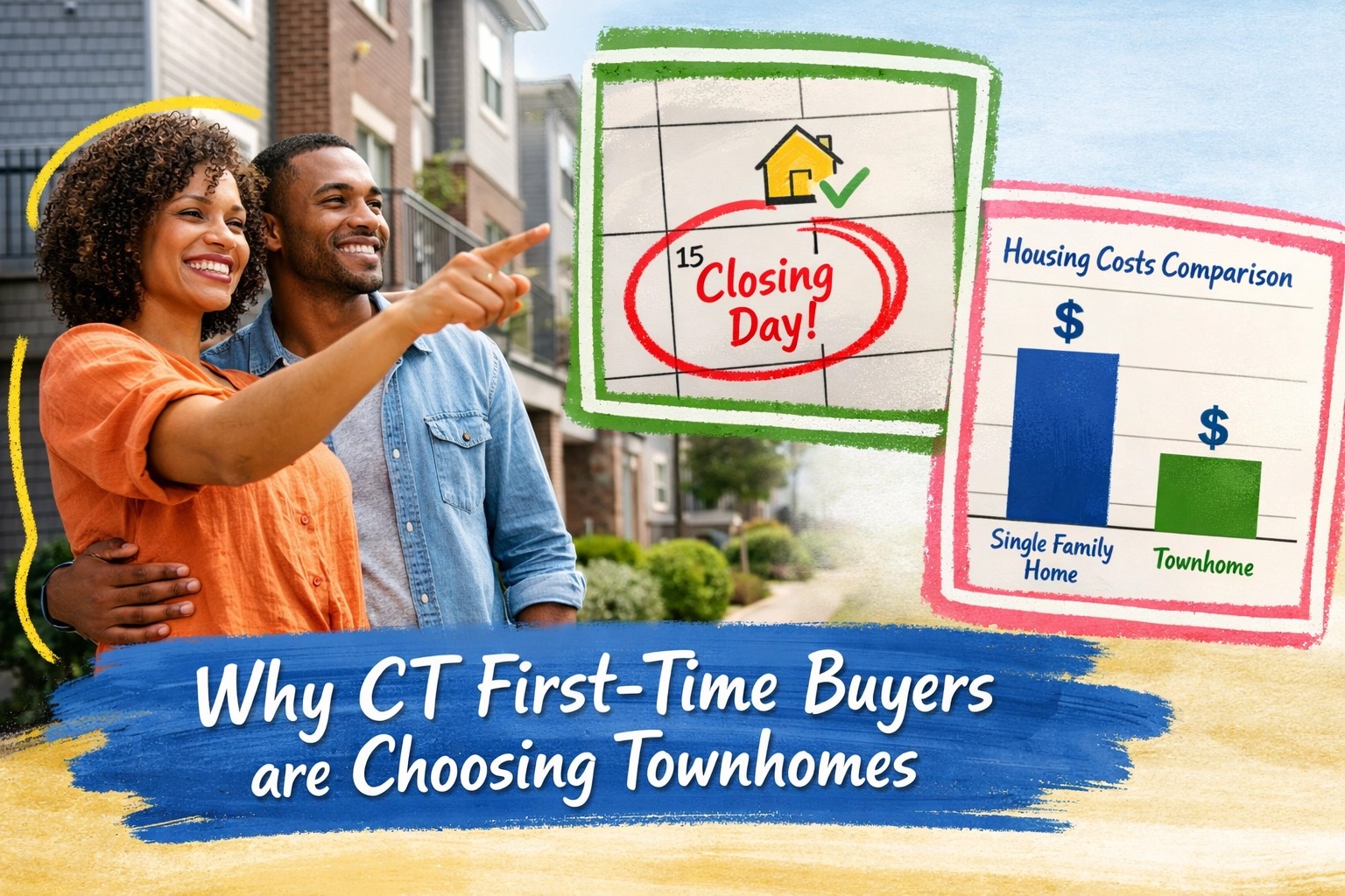 Connecticut first-time homebuyers standing outside a townhome community, highlighting lower housing costs and why CT buyers are choosing townhomes over single-family homes.