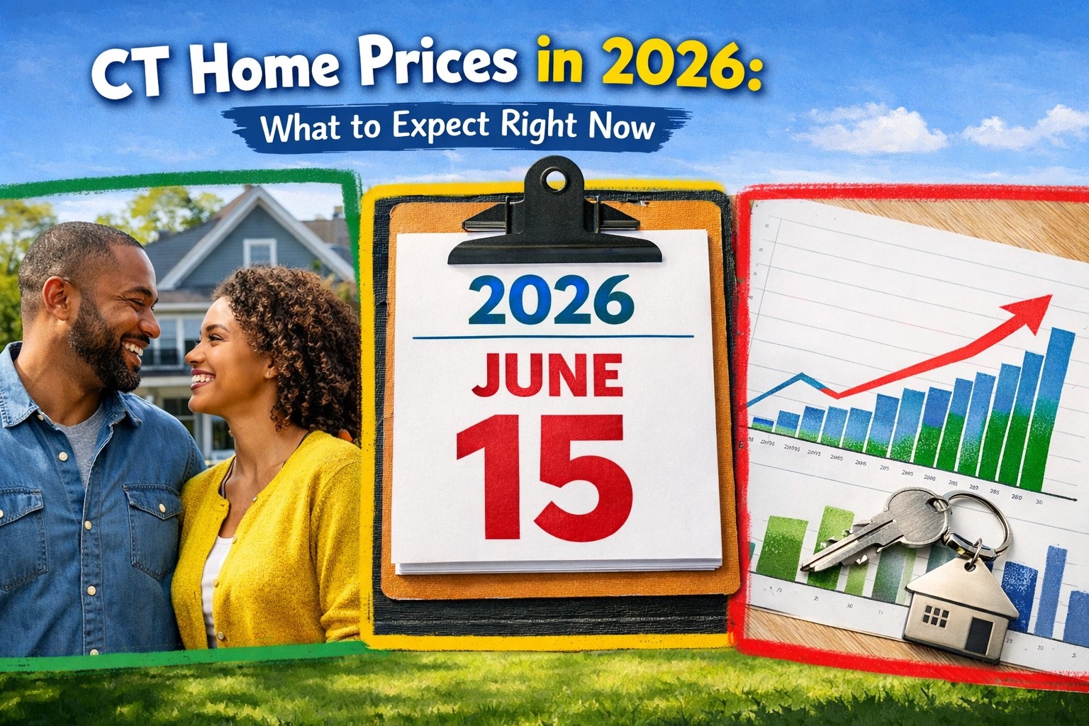 Connecticut home prices in 2026 infographic showing a couple in front of a CT home, a June 15, 2026 calendar, and an upward housing market chart explaining what CT buyers and sellers can expect right now.