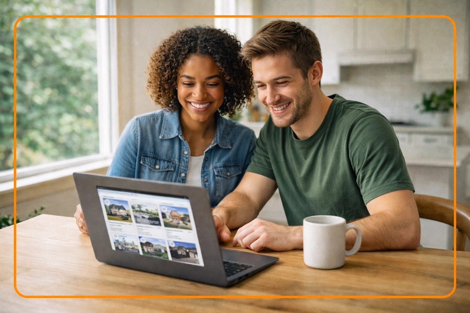 Smiling couple reviewing Connecticut homes for sale on a laptop at their kitchen table, researching CT real estate listings and planning to buy a home in Connecticut.