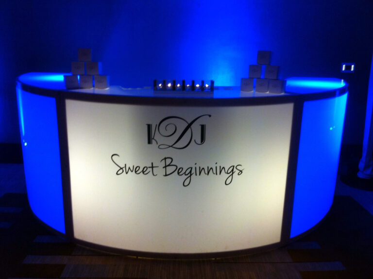 Lighted bar with “Sweet Beginnings” custom signage.