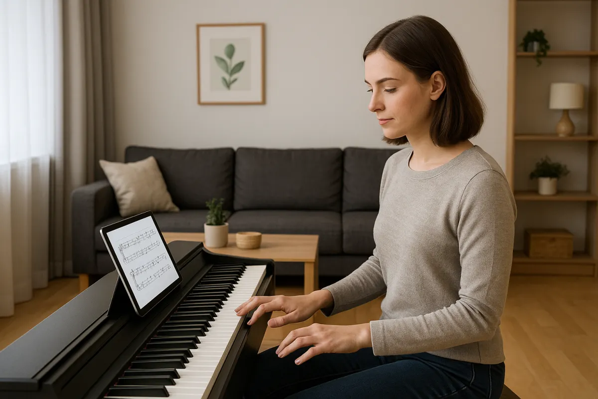 Young woman in a cozy modern living room practicing on a full-size digital piano with sheet music displayed on a tablet.