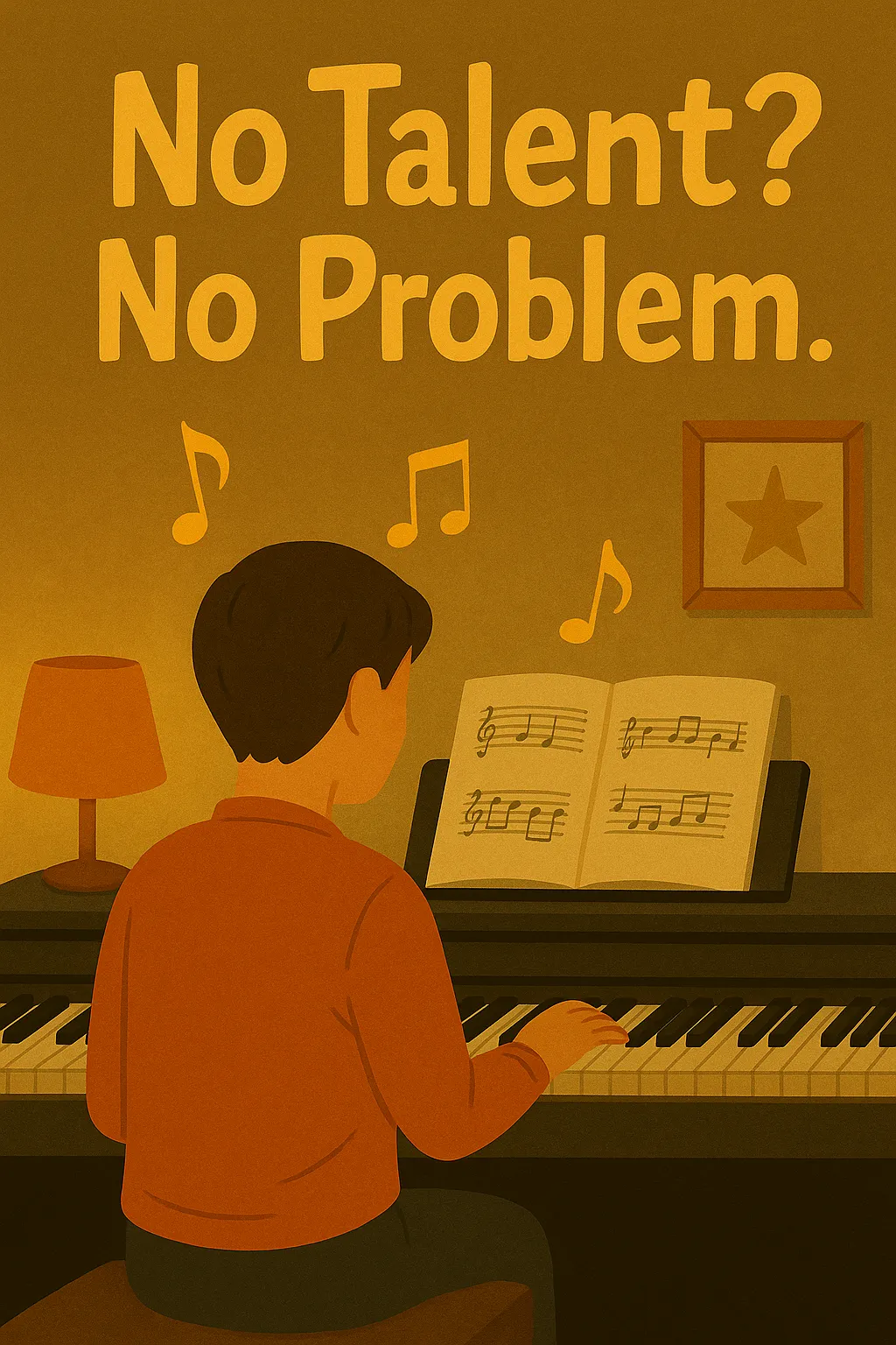 Illustration of a beginner sitting at a digital piano with sheet music, looking determined, symbolising overcoming self-doubt and the belief that talent is required to learn.