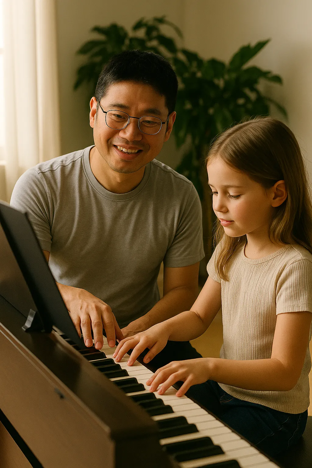 An East Asian male piano teacher with glasses gently guiding a young child’s hands on the piano keys in warm sunlight, symbolising mentorship and confidence.