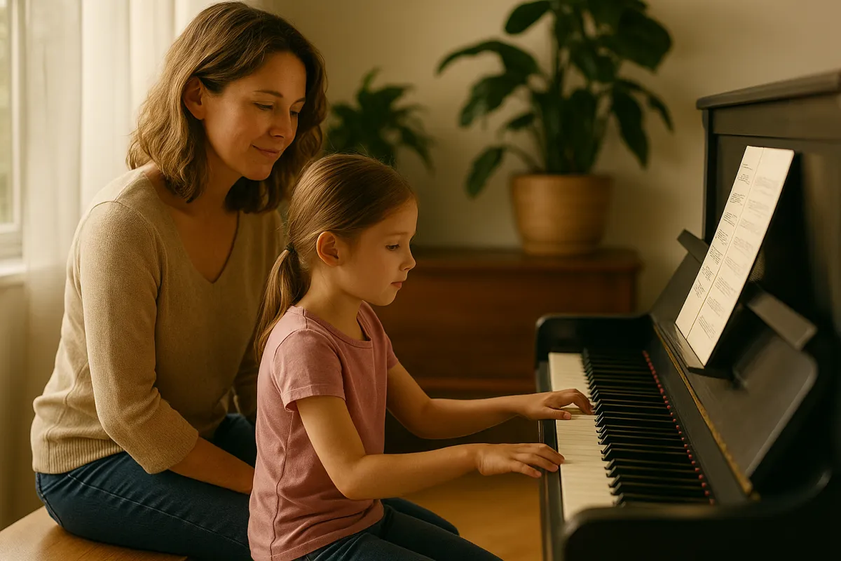A mother sits close beside her young daughter as she practises the piano in warm sunlight, offering gentle emotional support without instructing, symbolising a safe and nurturing home environment for music learning.
