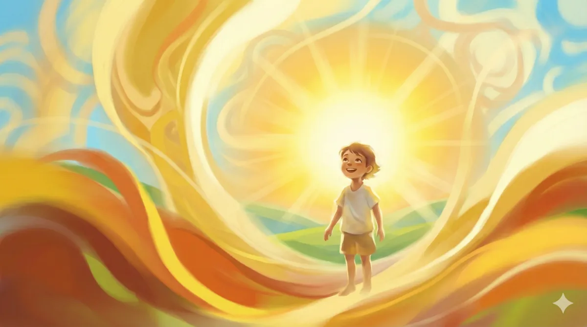 A warm abstract illustration of a child facing a gentle glowing light, representing intrinsic motivation and confidence growing without rewards or external incentives.