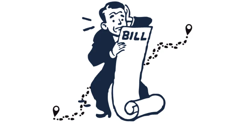 Man looking distressed holding long page that says bill with a map tracking icon behind him