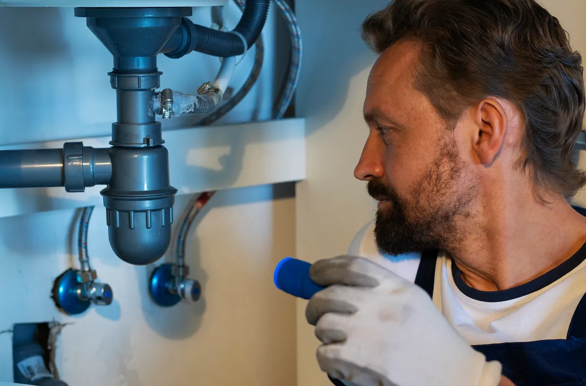 man looking for leaks in drain