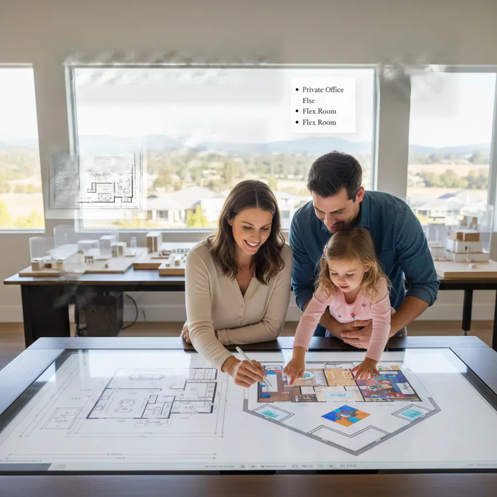 A young family looking at custom home floor plans and 3D renderings on a large digital drafting table, with a view of Northern California hills in the background.