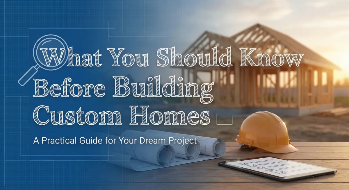 A wide blog header image featuring the text 'What You Should Know Before Building Custom Homes' over a blueprint background. On the right, a wooden house frame stands under a sunset, with a hard hat, rolled blueprints, and a digital tablet showing a checklist in the foreground.