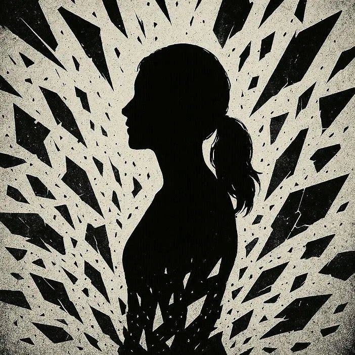 A woman’s silhouette illuminated by shattered glass — a visual of truth breaking free from silence.