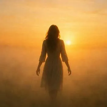 A woman steps through soft golden mist into sunrise, light wrapping around her silhouette — symbolizing faith, trust, and awakening to divine alignment.
