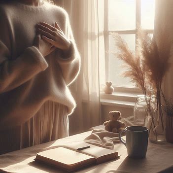 Person standing in warm morning light with a hand over their heart, symbolizing self-trust, healing, and quiet reflection.