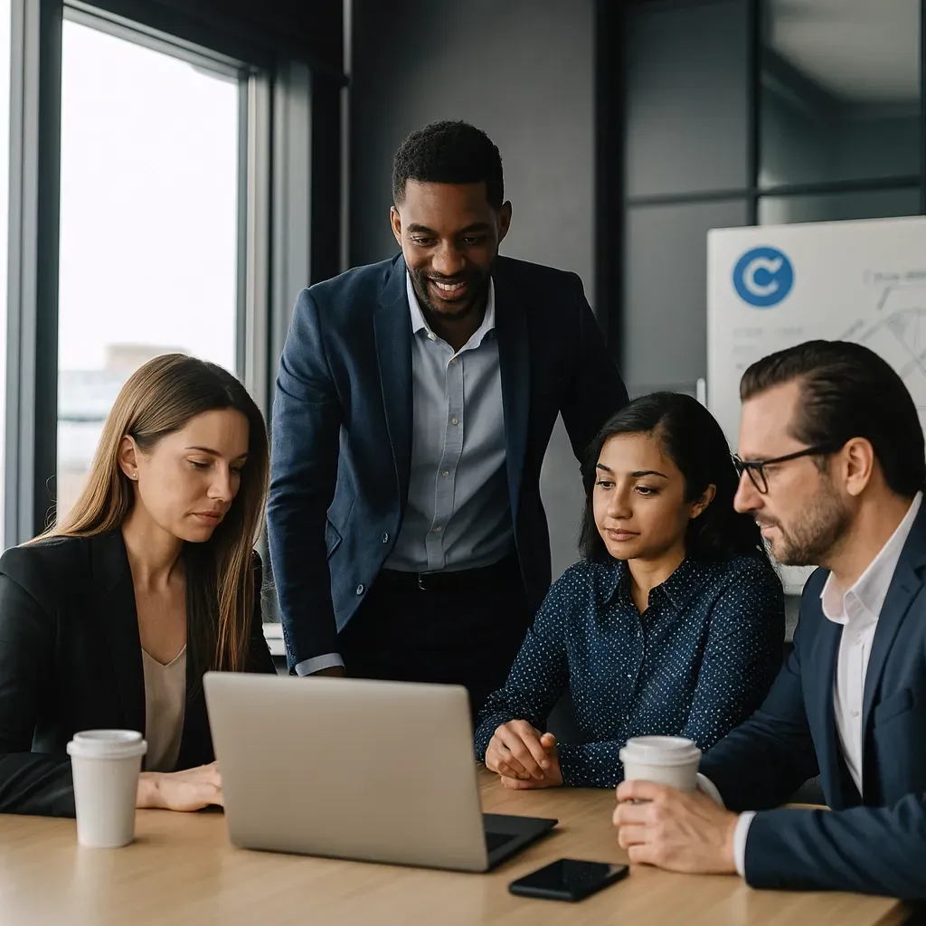 team meeing with CEO reviewing work on a computer