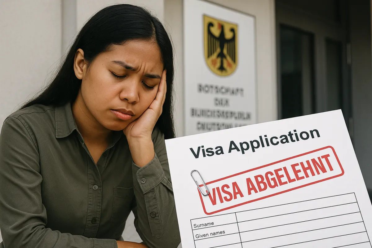 Symbolbild: Filipina traurig vor der deutschen Botschaft – Visumantrag mit rotem Stempel „VISA ABGELEHNT“ abgelehnt