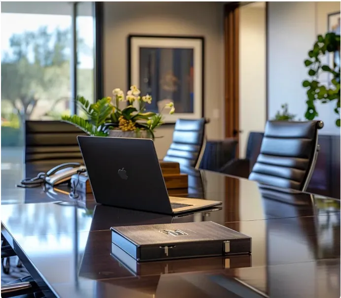 Estate Planning Law Firm Office in West Virginia that is currently empty but a macbook pro sits on the conference table in preparation for a meeting