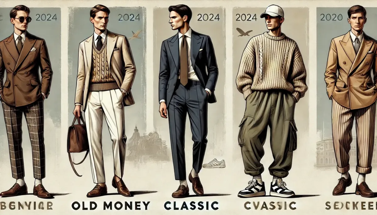 Collage illustrant les trois tendances de mode masculine en 2024 : le style Old Money avec un homme en blazer beige, pull en cachemire et mocassins ; le style classique avec un homme en costume bleu marine ajusté, chemise blanche et chaussures en cuir ; et le style large avec un homme en pantalon cargo ample, pull large et baskets, sur un fond minimaliste.